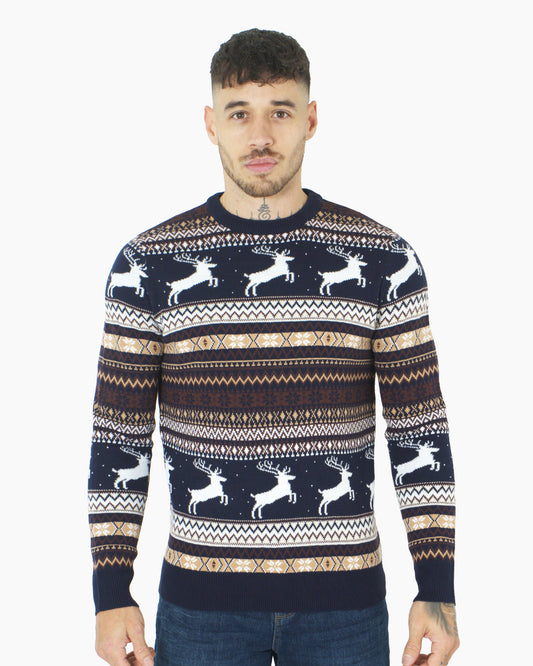 Men’s Christmas Festive Knit Fly Reindeer Navy Jumper