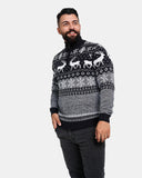 Mens Reindeer MockZip Black Xmas Jumper