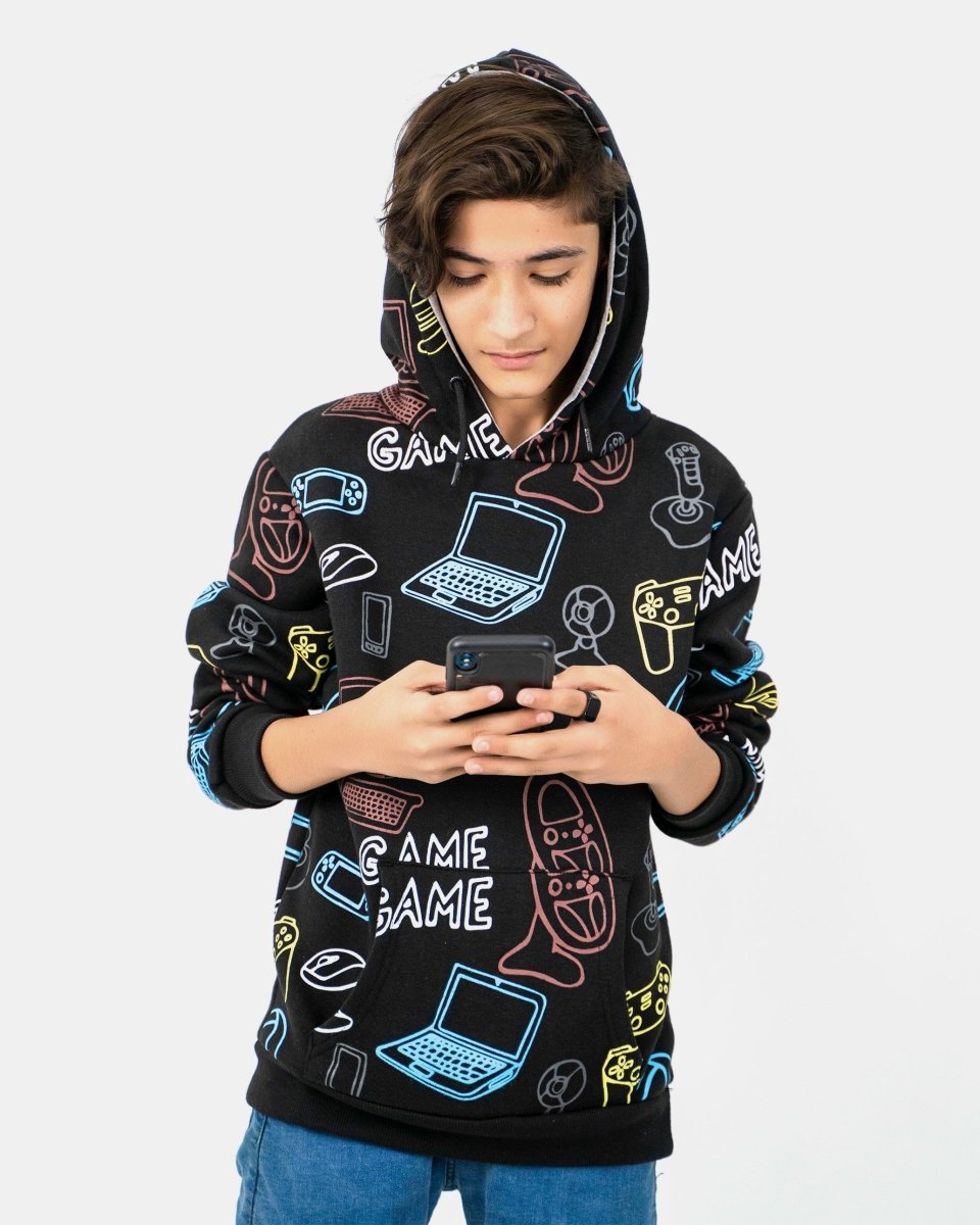 Black Boys Printed Gaming Hoodie