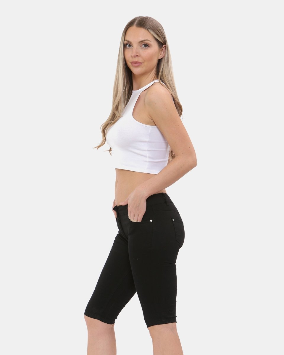 Black Chino Capri Bengaline Shorts