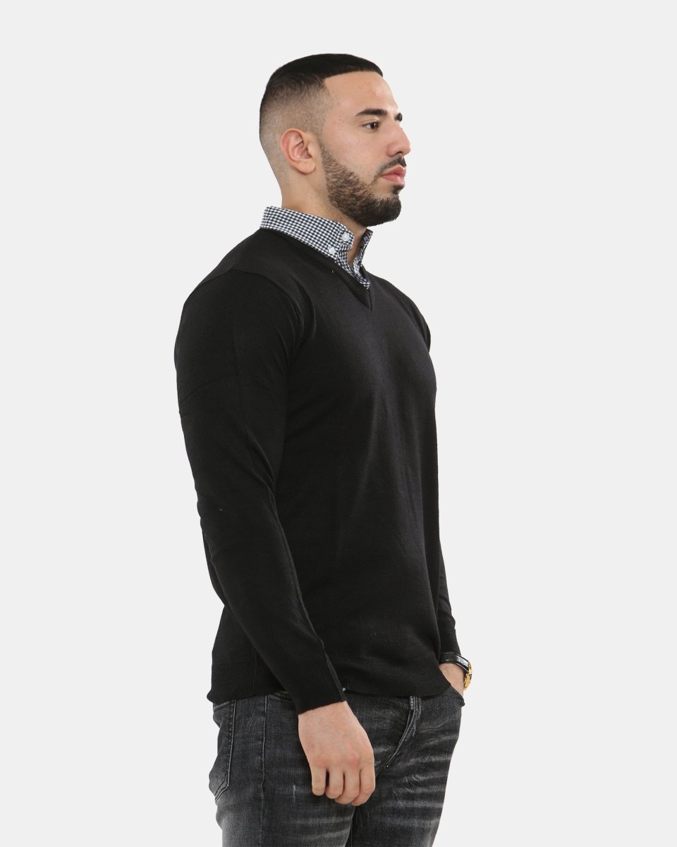 Black Collar Knitted V - Neck Jumper