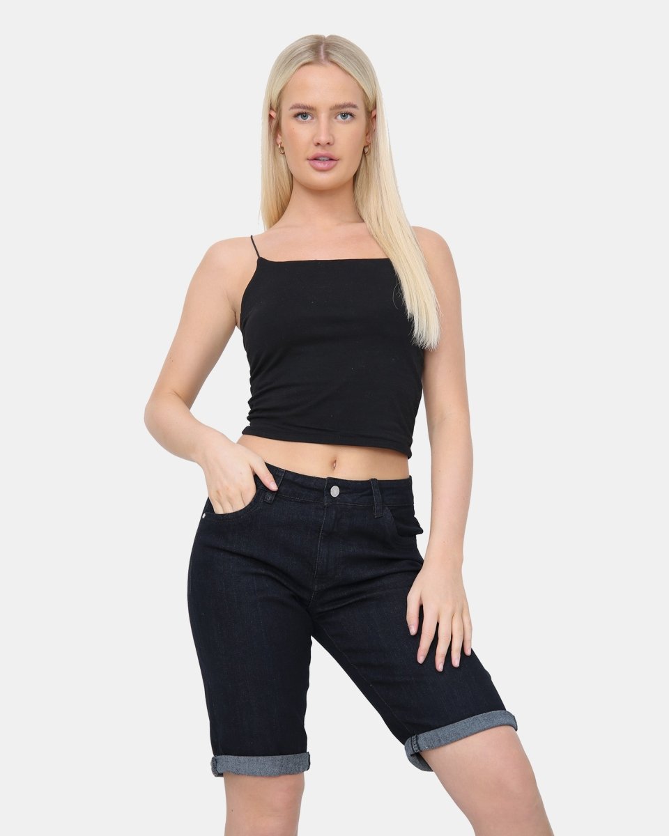 Black Denim Stretchy Bermuda Shorts