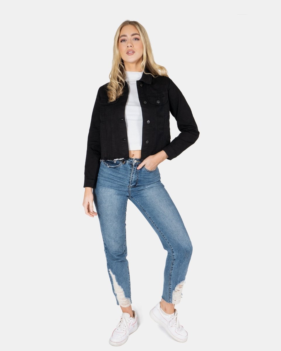 Black Distressed Hem Denim Jacket