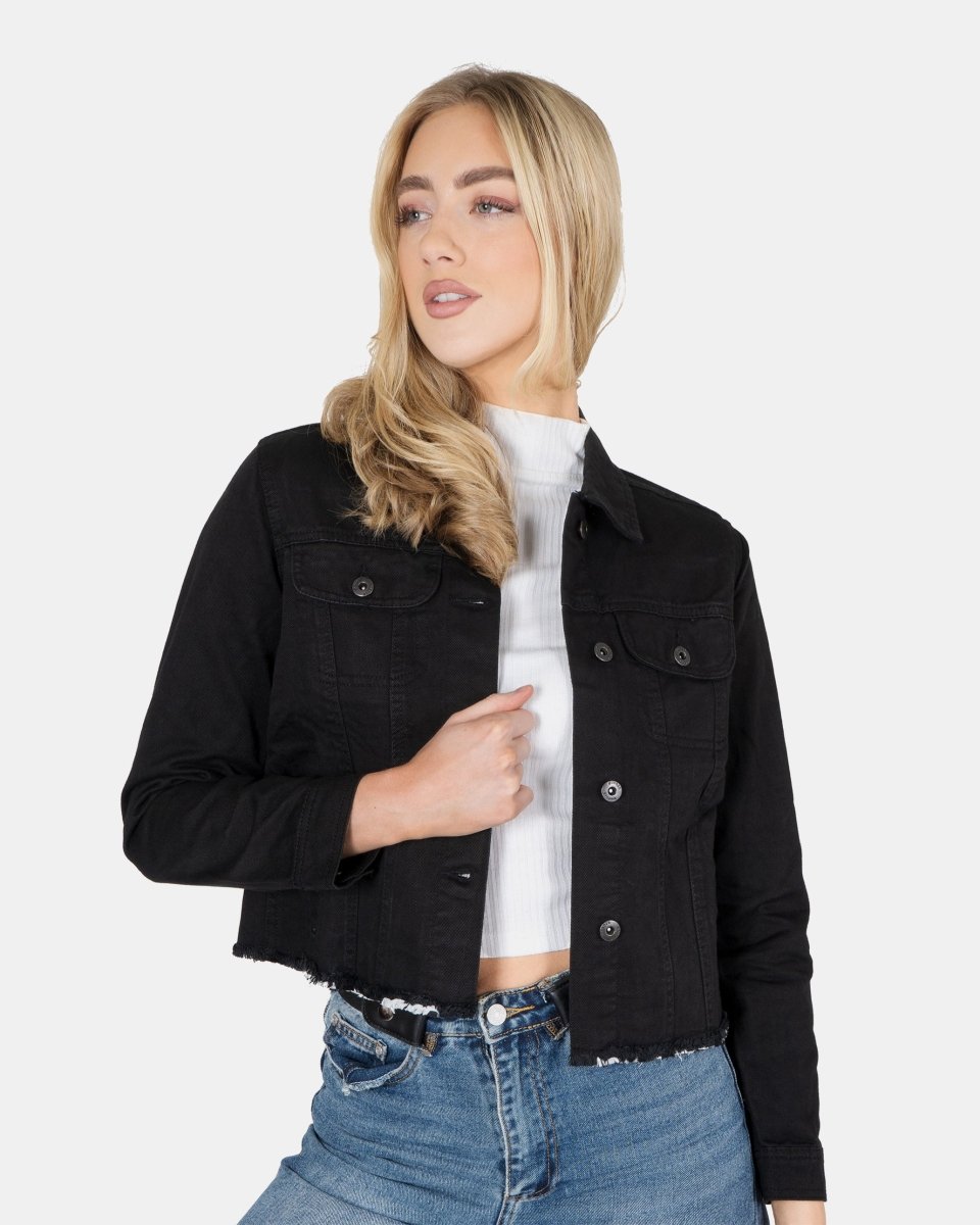 Black Distressed Hem Denim Jacket