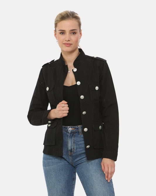 Black Military Style Summer Jacket (Silver Button)