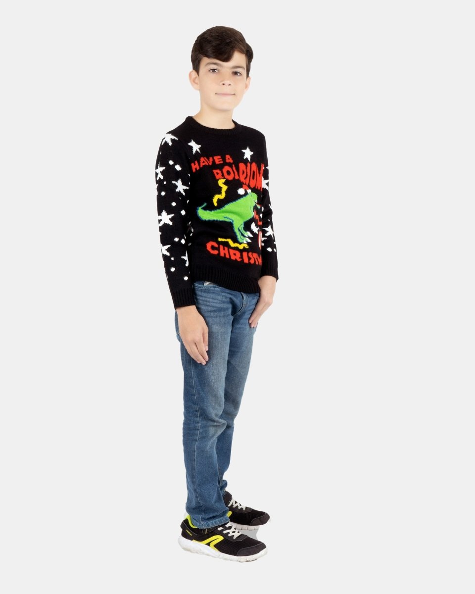 Black Roarsome Kids Christmas T - Rex Jumper