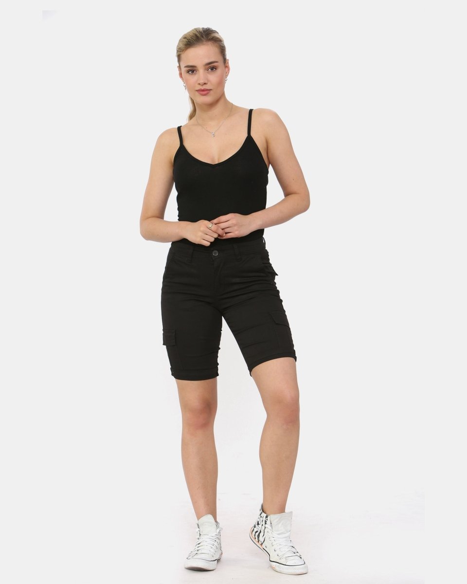 Black Turned Hem Bengaline Casual Shorts