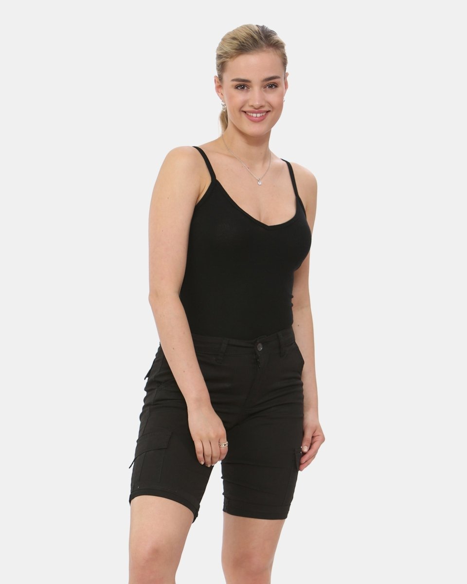 Black Turned Hem Bengaline Casual Shorts