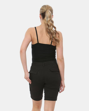 Black Turned Hem Bengaline Casual Shorts