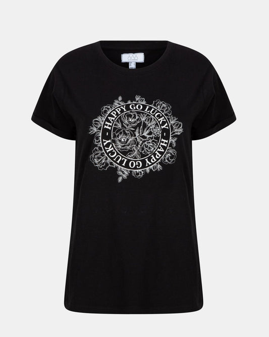 Black Womens Happy Go Lucky Printed T-Shirt