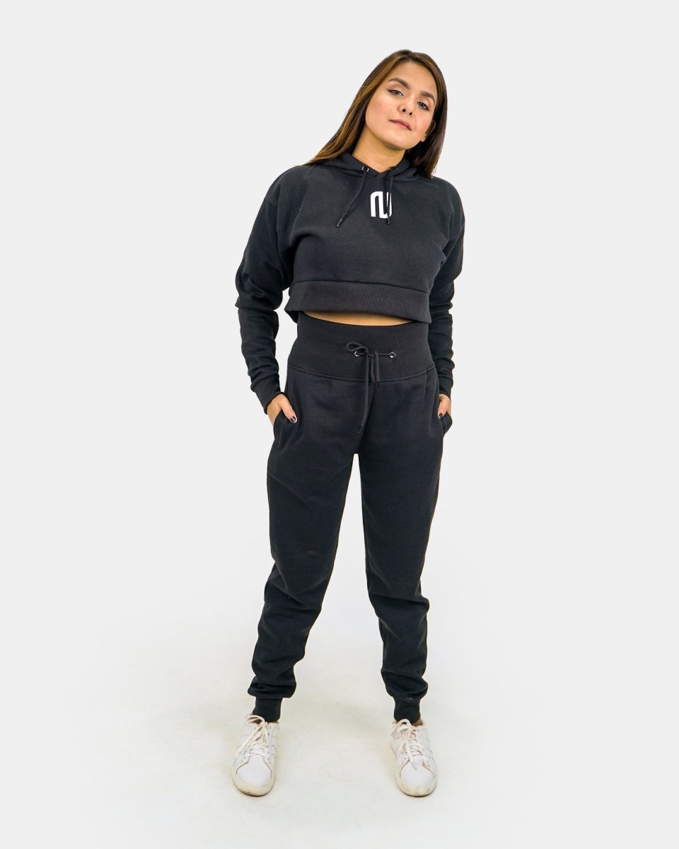 Black Womens Ribbed Crop Hoodie