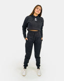 Black Womens Ribbed Crop Hoodie