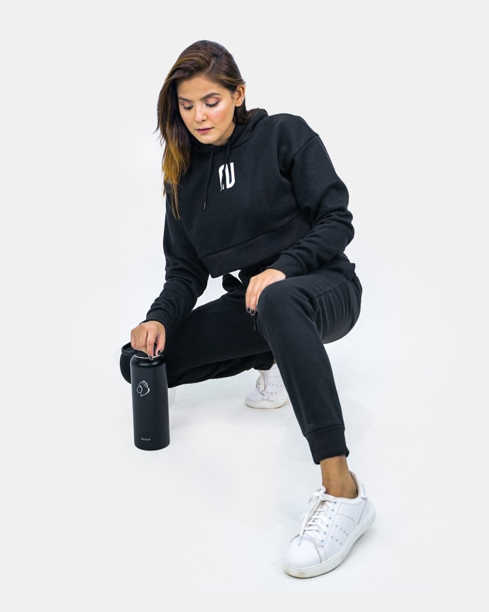 Black Womens Ribbed Hem Tracksuit