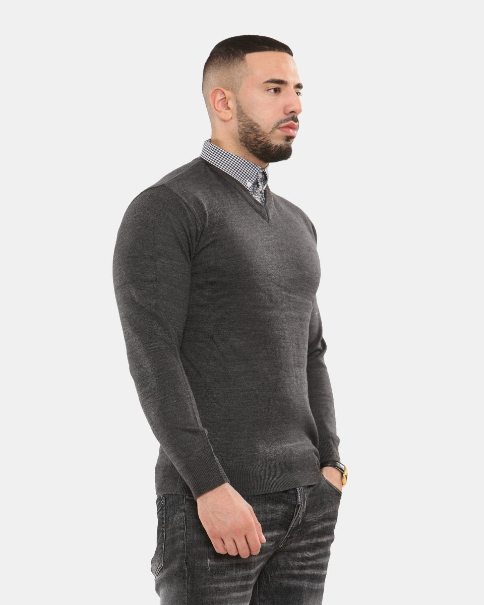 Charcoal Collar Knitted V - Neck Jumper