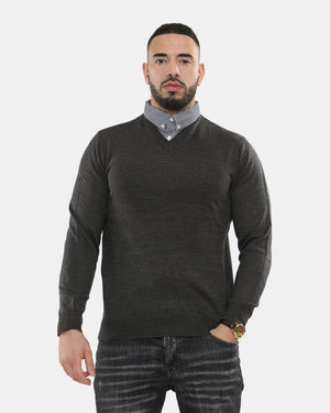 Charcoal Collar Knitted V - Neck Jumper