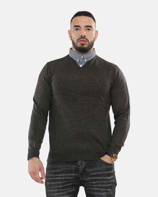 Charcoal Collar Knitted V - Neck Jumper