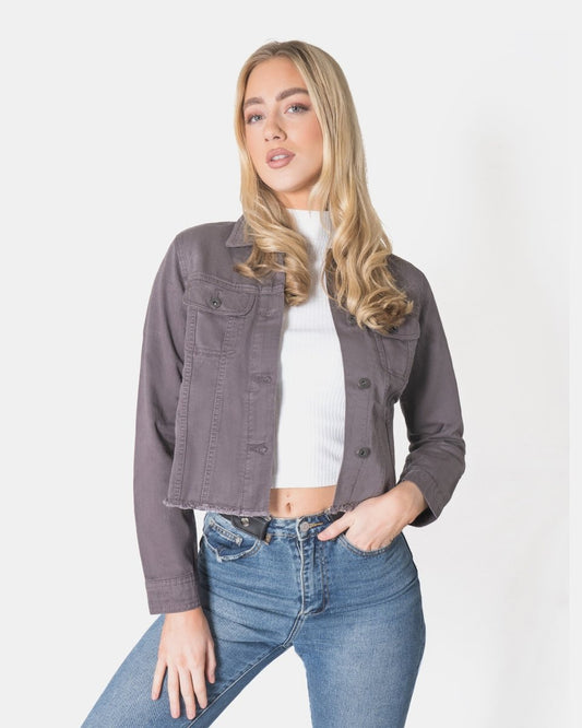 Charcoal Distressed Hem Denim Jacket