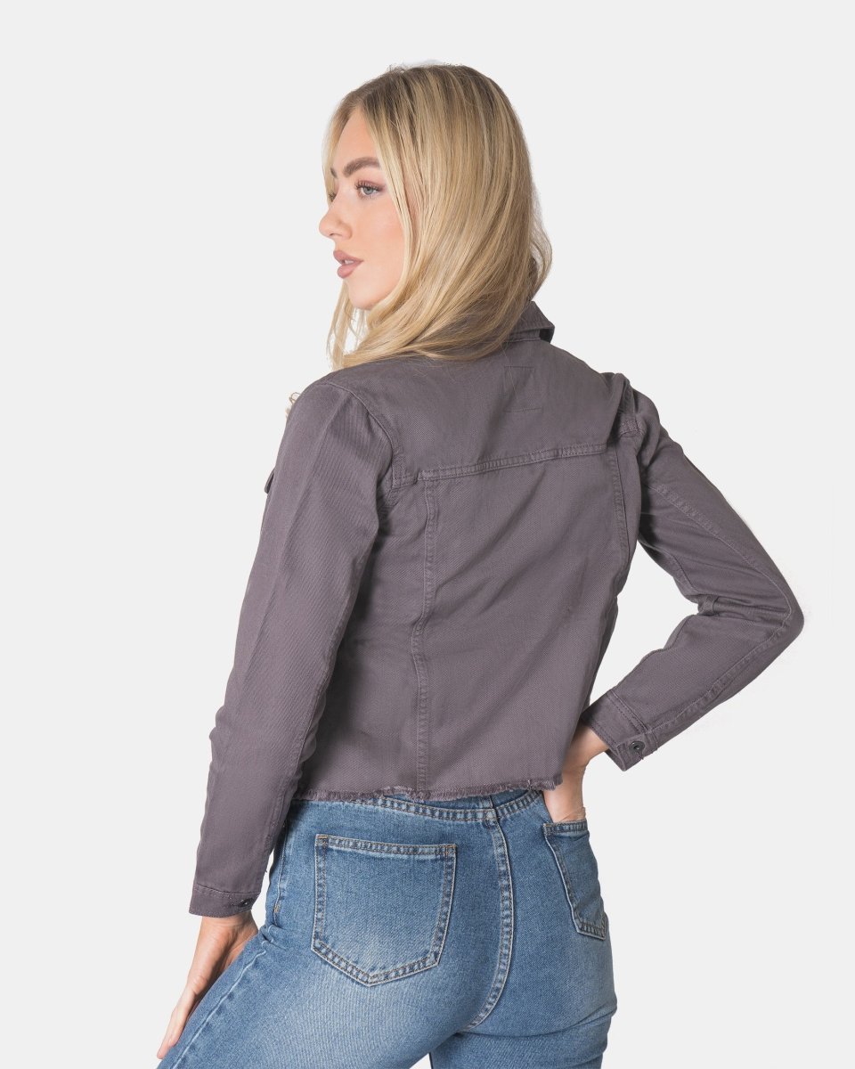 Charcoal Distressed Hem Denim Jacket