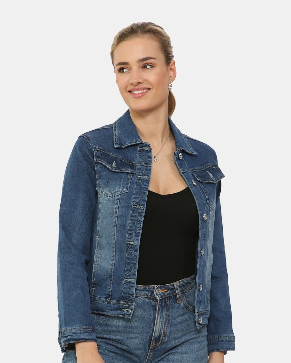 Dark Blue Washed Detail Denim Jacket