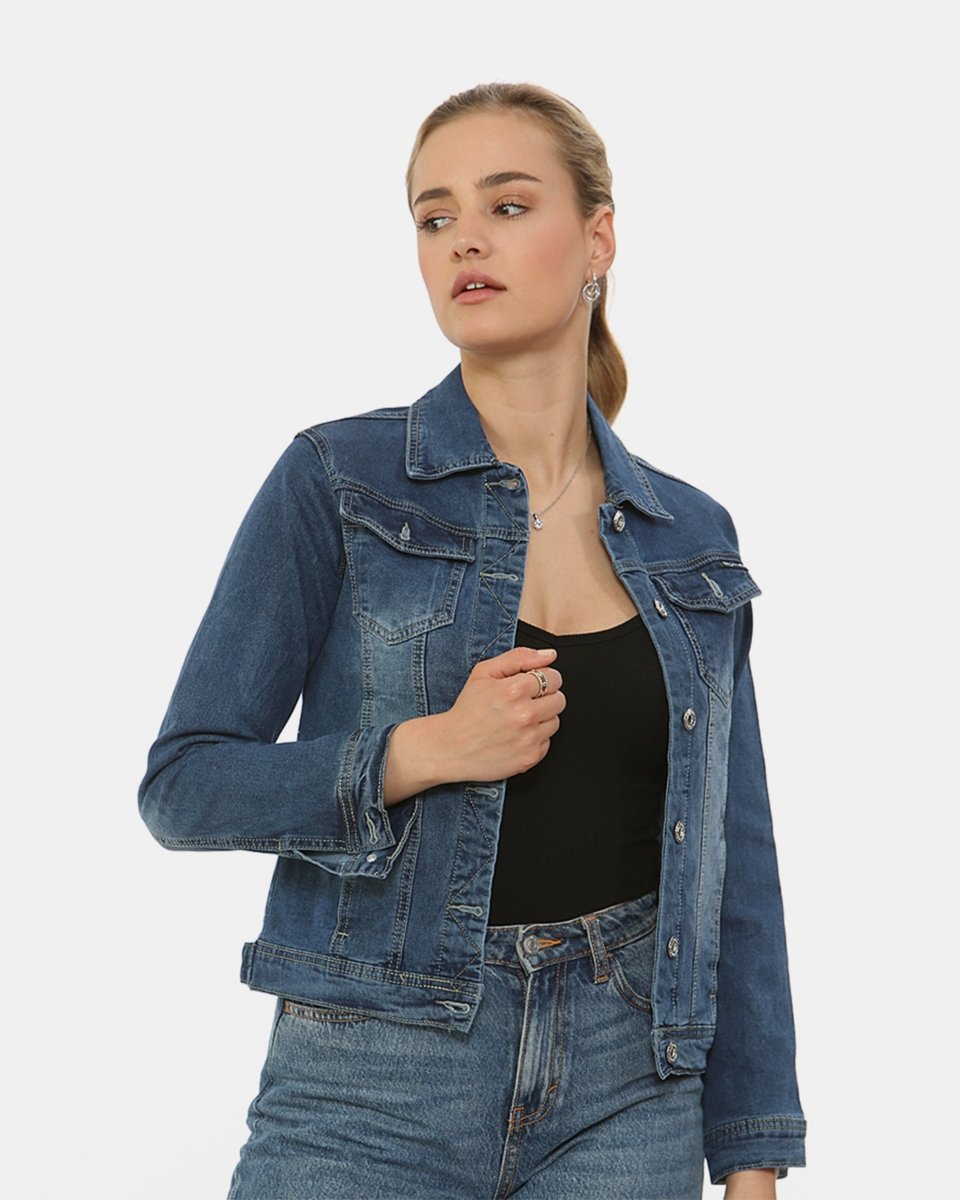 Dark Blue Washed Detail Denim Jacket