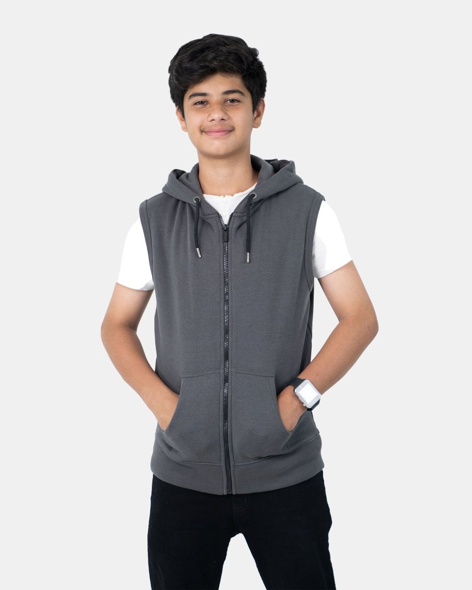 Dark Grey Kid's Sleeveless Casual Hoodie