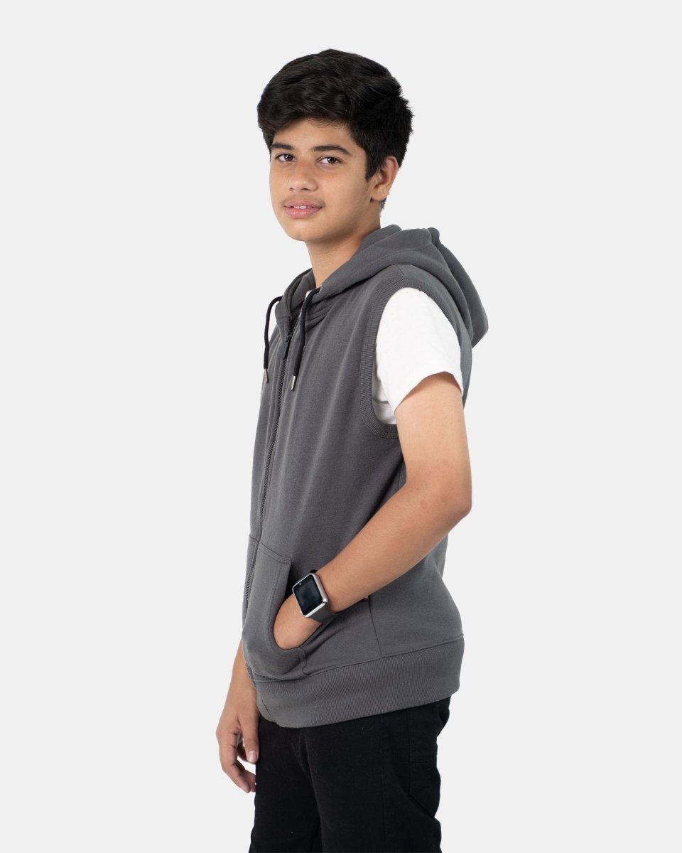 Dark Grey Kid's Sleeveless Casual Hoodie