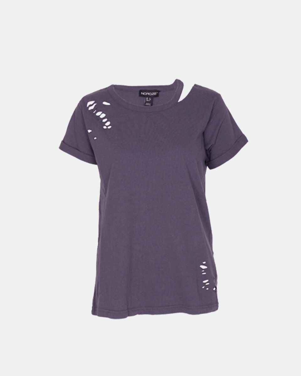 Dark Grey Ripped Holes Rounded Neck T-Shirt