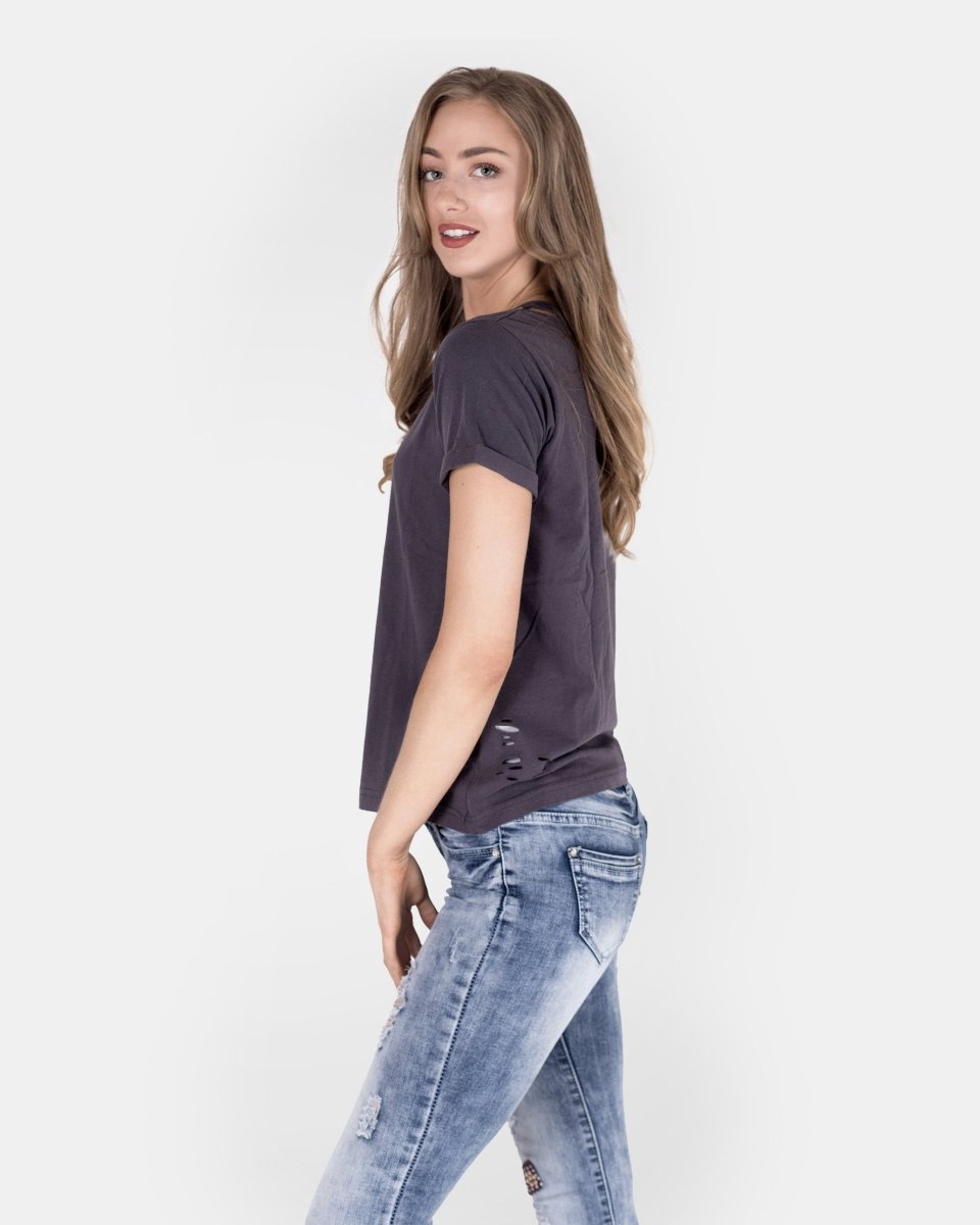 Dark Grey Ripped Holes Rounded Neck T-Shirt