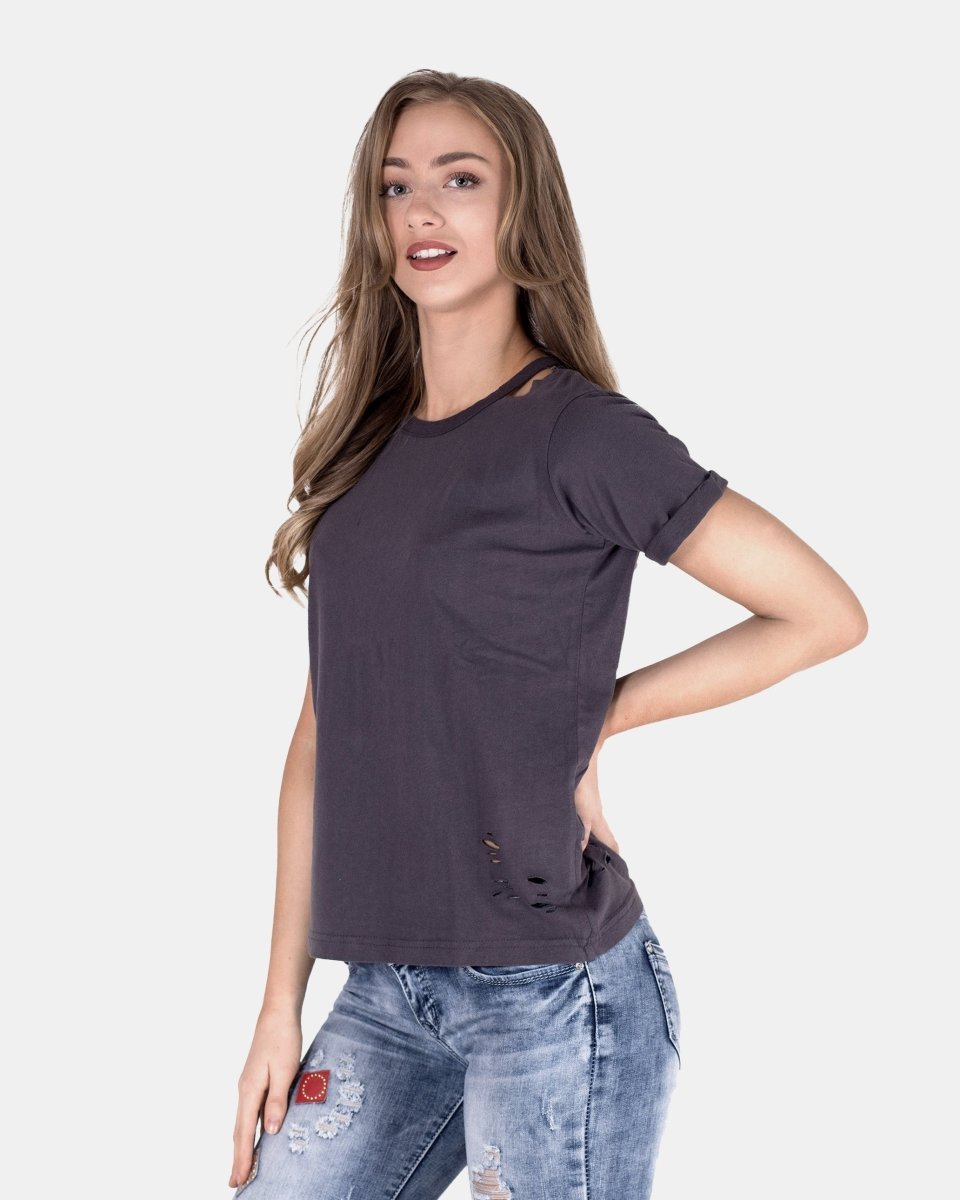 Dark Grey Ripped Holes Rounded Neck T-Shirt