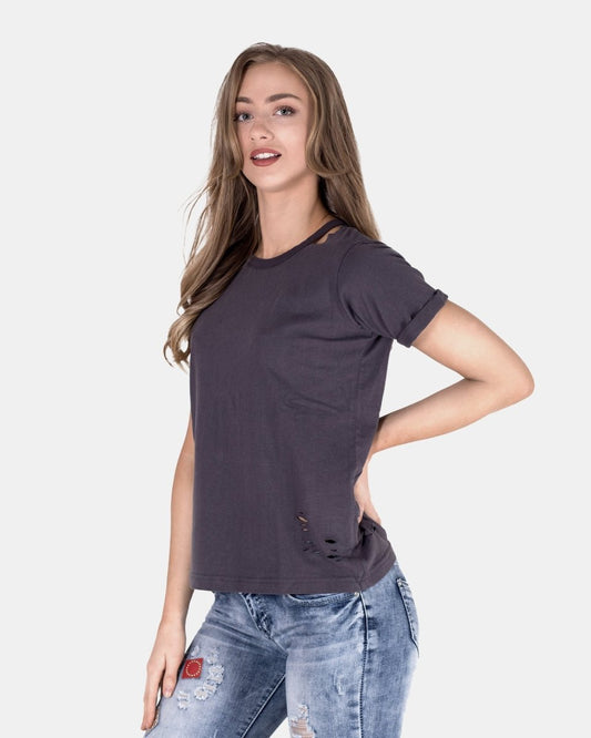 Dark Grey Ripped Holes Rounded Neck T-Shirt