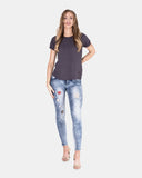 Dark Grey Ripped Holes Rounded Neck T-Shirt