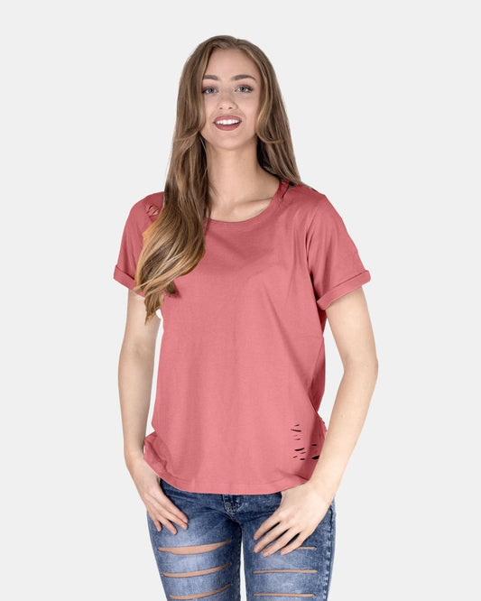 Deep Pink Ripped Holes Rounded Neck T-Shirt