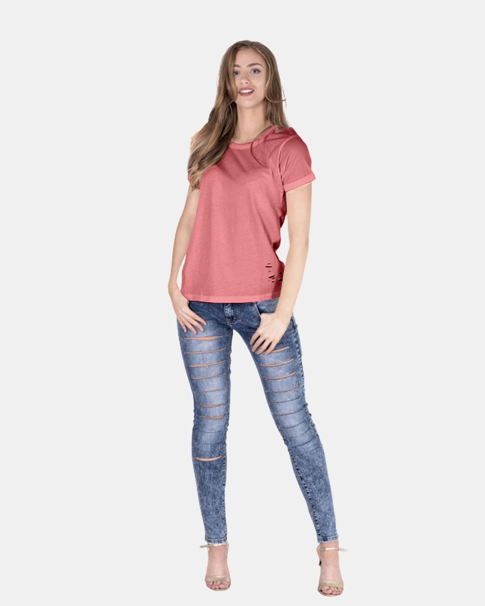 Deep Pink Ripped Holes Rounded Neck T-Shirt