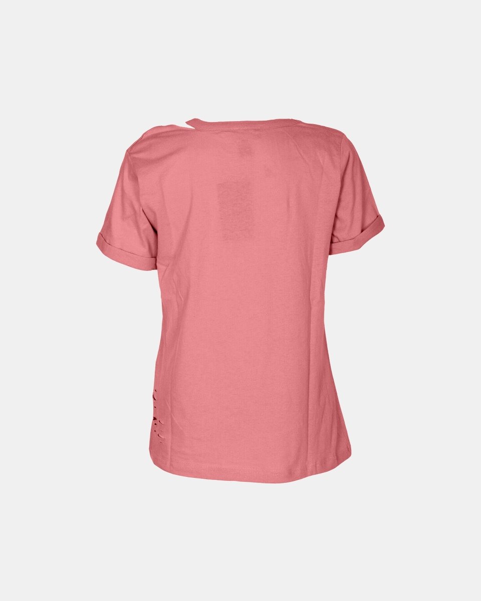 Deep Pink Ripped Holes Rounded Neck T-Shirt