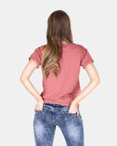 Deep Pink Ripped Holes Rounded Neck T-Shirt