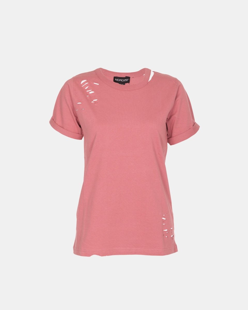 Deep Pink Ripped Holes Rounded Neck T-Shirt