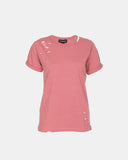 Deep Pink Ripped Holes Rounded Neck T-Shirt