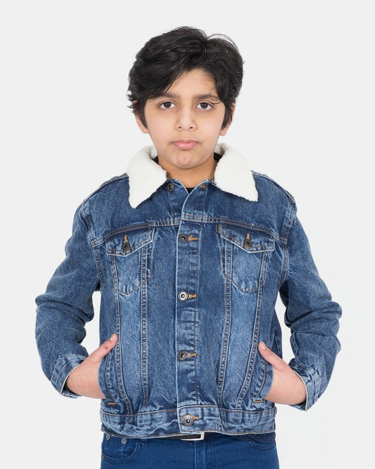 Denim Blue Detachable Sherpa Collar Kids Jacket