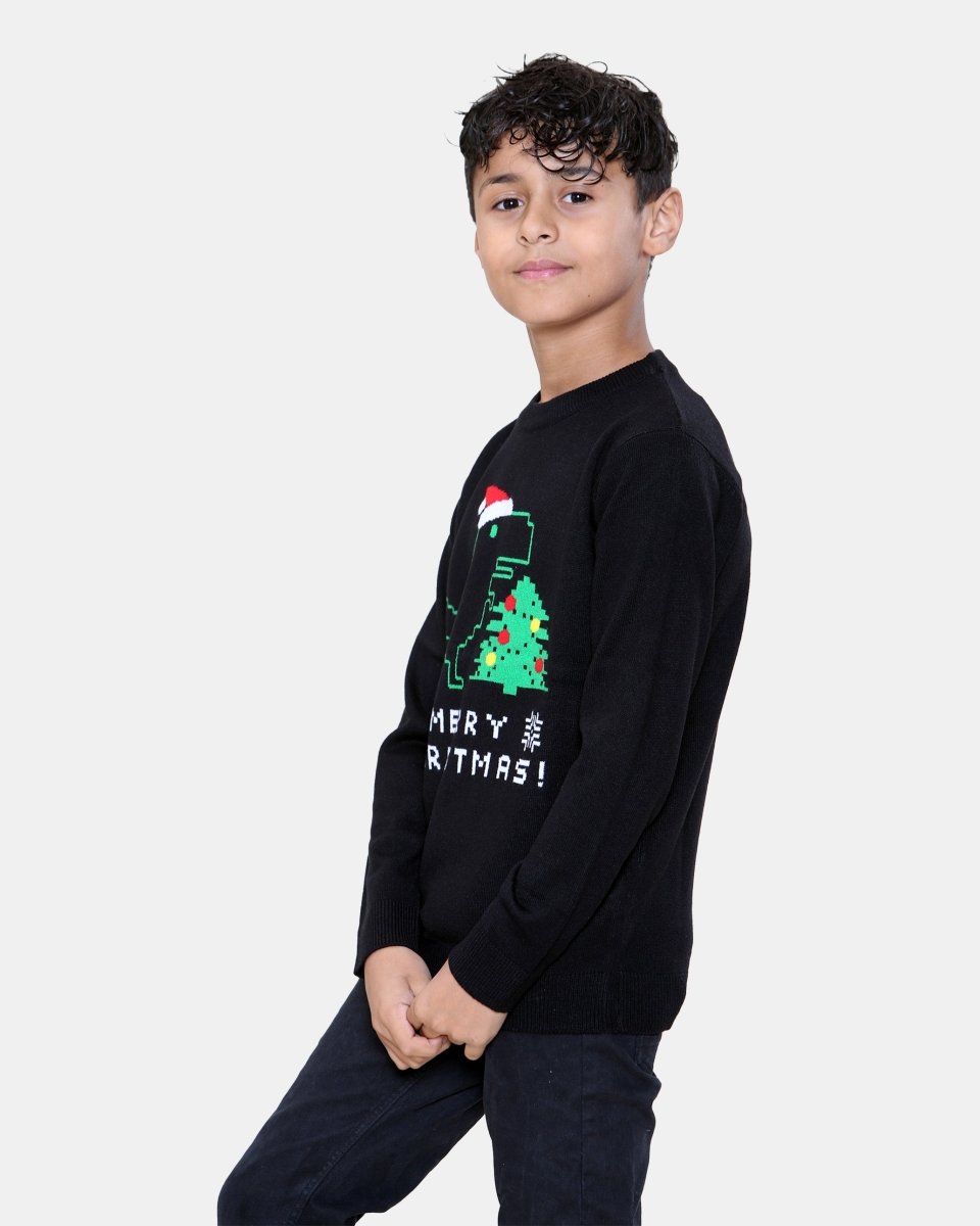 Dinosaur Hat Black Kids Christmas Jumper