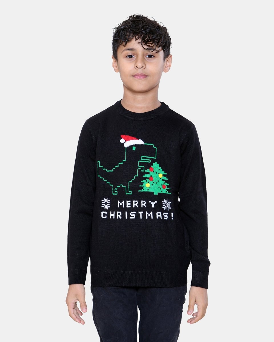 Dinosaur Hat Black Kids Christmas Jumper