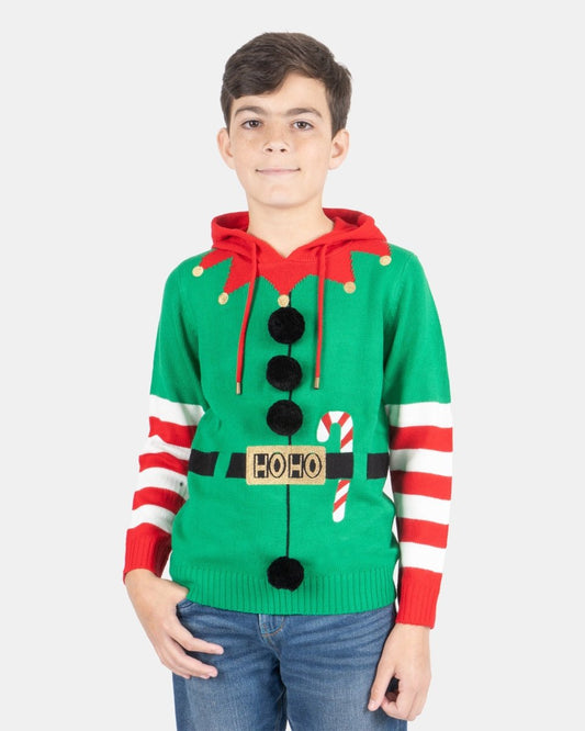 Elf Candy Cane Green Kids Xmas Jumper