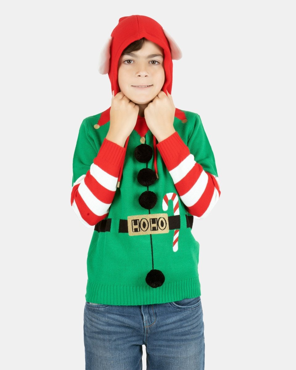 Elf Candy Cane Green Kids Xmas Jumper