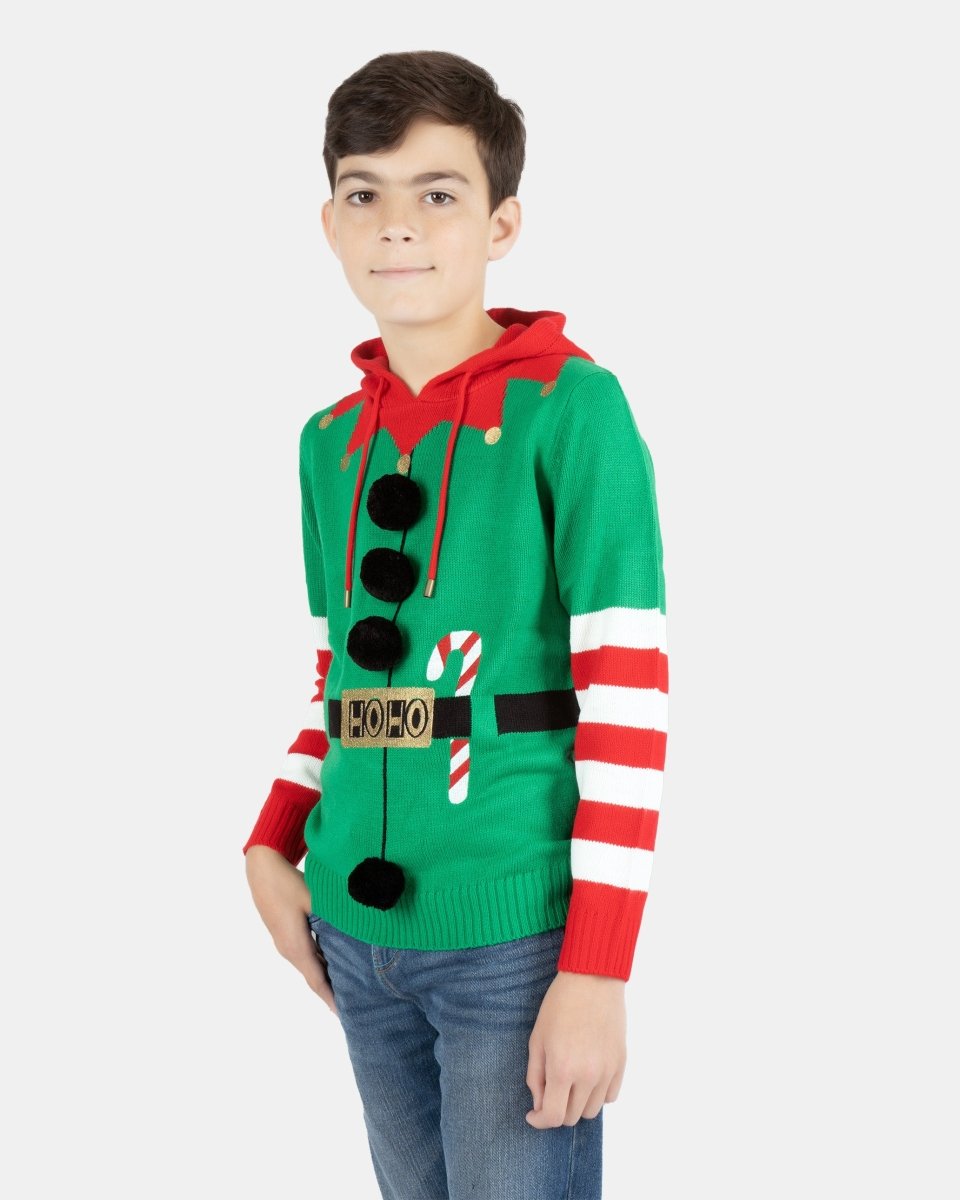 Elf Candy Cane Green Kids Xmas Jumper
