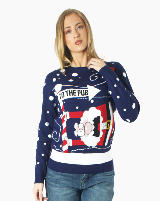 Santa To the Pub Navy Pullover Womens Jumper