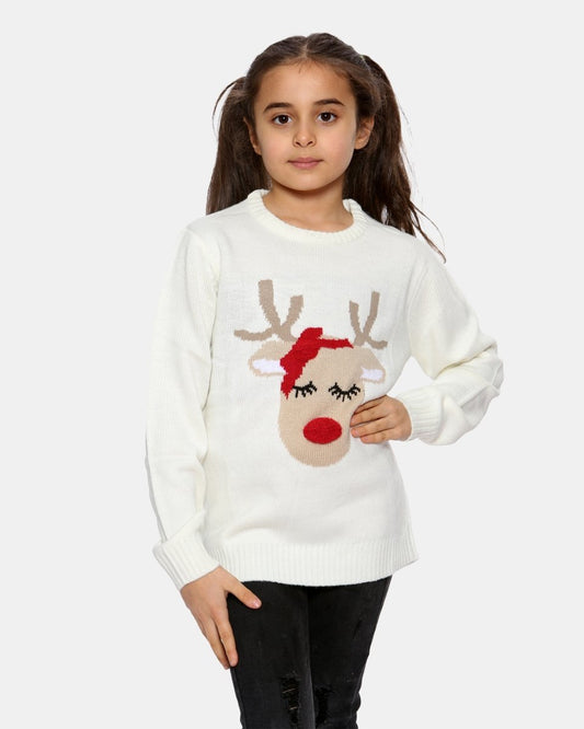 Girls Reindeer Beige Christmas Jumper