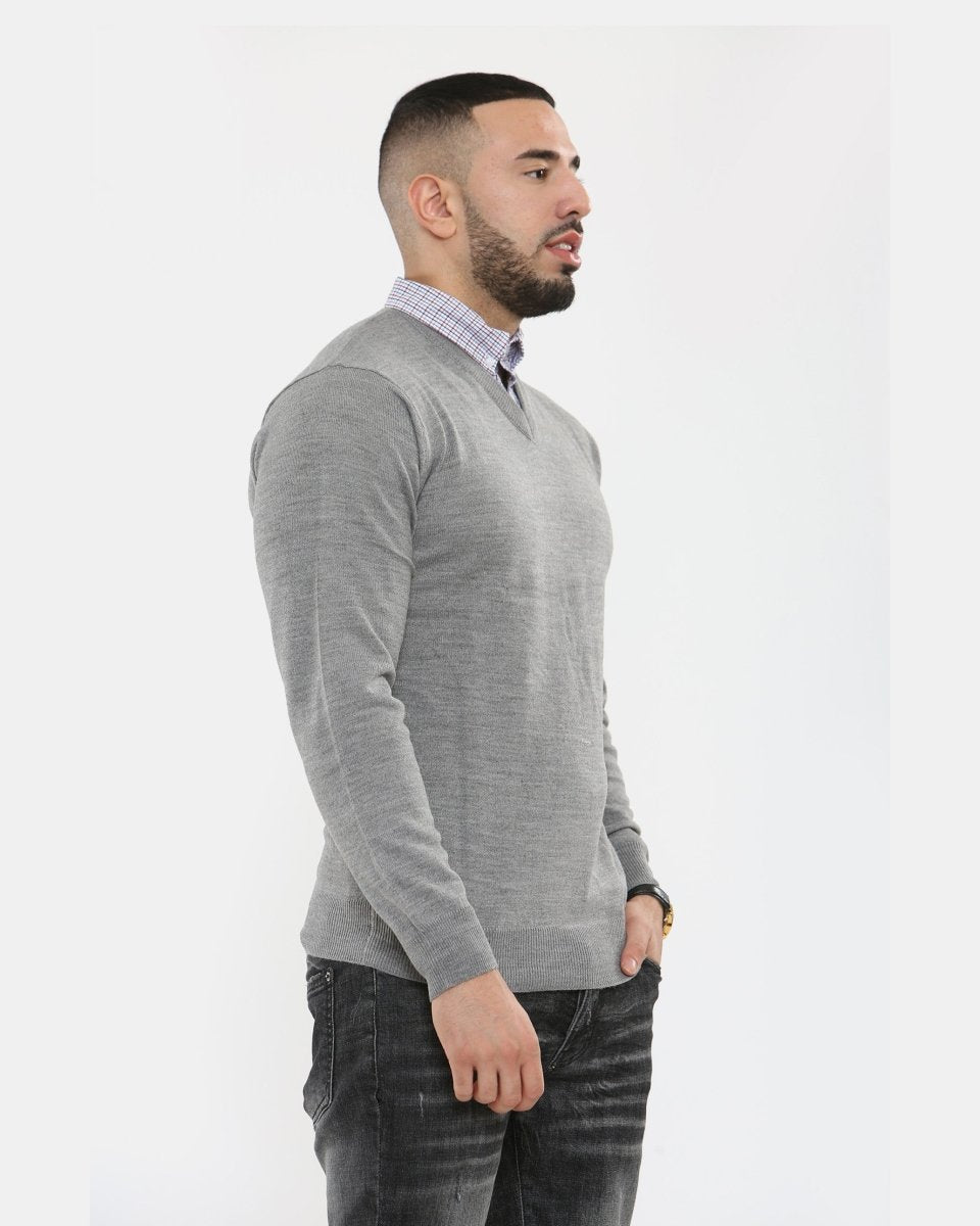 Grey Collar Knitted V - Neck Jumper