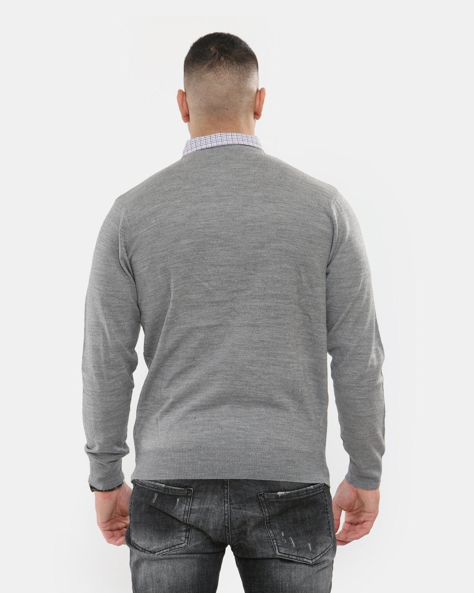Grey Collar Knitted V - Neck Jumper