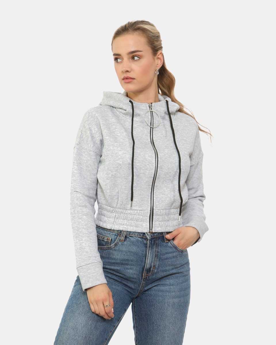 Grey Ladies Zip - Crop Hoodie