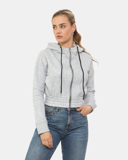 Grey Ladies Zip - Crop Hoodie