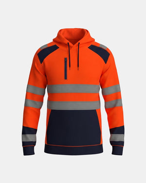 Hi-Vis Workwear High Neck Pullover Hoodie | Neon Orange & Navy with Reflective Tape – NOROZE